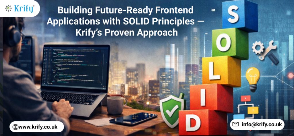 Building Future-Ready Frontend Applications with SOLID Principles — Krify’s Proven Approach Many growing products collapse under their own complexity. Slow releases, regression bugs, and high maintenance costs stop innovation. At Krify, our frontend team solves this by building products on a SOLID architectural foundation. In today’s fast-moving digital world, the difference between a good application and a great one isn’t just in how it looks — it’s in how it’s engineered. At Krify, our frontend team applies SOLID principles to every project, ensuring that our code is not just functional today but flexible, maintainable, and scalable for years to come. By embedding SOLID into our architecture, we help clients reduce technical debt, accelerate feature delivery, and keep their platforms ready for market changes. Why SOLID Principles Matter for Businesses While SOLID principles originated in object-oriented programming, their concepts apply beautifully to modern JavaScript/TypeScript-based frontend architectures like React, Angular, and Vue. The business benefits are clear: ● Faster Feature Delivery — New features integrate seamlessly without breaking existing code. ● Lower Maintenance Costs — Clean, modular architecture is easier to update. ● Future-Proofing — Scalable foundations that adapt to evolving tech stacks. How Krify Applies SOLID in Frontend Development 1. S — Single Responsibility Principle (SRP) What it means: A class, module, or component should have only one reason to change. Krify in action: ● Splitting large UI components into smaller, focused ones (e.g., separating data fetching from rendering). ● Example: A UserProfile component handles layout and presentation, while UserProfileService manages API calls. Impact: ● Reduces complexity, making components easier to test and reuse. 2. O — Open/Closed Principle (OCP) What it means: Modules should be open for extension but closed for modification. Krify in action: ● Using React hooks or Angular services to add new features without touching the core component. ● Example: Adding a new payment method in a checkout flow by injecting a payment strategy, instead of modifying existing payment logic. Impact: ● Prevents breaking existing functionality while enabling rapid feature rollout. 3. L — Liskov Substitution Principle (LSP) What it means: Subtypes must be replaceable for their base types without altering system behavior. Krify in action: ● Implementing interface-based props in React so that different chart types (Bar, Line, Pie) can be swapped without changing the dashboard logic. ● Example: Any ChartComponent can be plugged in as long as it follows the expected interface. Impact: ● Increases flexibility and encourages interchangeable modules. 4. I — Interface Segregation Principle (ISP) What it means: Clients should not be forced to depend on methods they do not use. Krify in action: ● Creating smaller, focused interfaces for API responses and state management. ● Example: Instead of passing an entire user object, pass only the fields needed by the component (UserProfileBasic vs UserProfileFull). Impact: ● Reduces unnecessary dependencies and keeps components lightweight. 5. D — Dependency Inversion Principle (DIP) What it means: Depend on abstractions, not on concrete implementations. Krify in action: ● Using dependency injection patterns in Angular or context-based dependency mapping in React. ● Example: A notification system that depends on a NotificationService interface, allowing us to swap email, SMS, or push implementations without changing component code. Impact: ● Makes the system more testable and adaptable to new requirements. Krify’s SOLID Advantage By applying SOLID principles across frontend projects, we: ● Reduce time-to-market by up to 40% for new features. ● Achieve near-zero regression issues in large-scale deployments. ● Enable parallel development across multiple teams without conflicts. Case Study: Scaling an Enterprise Dashboard For a global logistics SaaS product: ● We implemented SOLID-based modular architecture in React + TypeScript. ● New modules (analytics, reporting, AI insights) were added without touching core features. ● Release cycles dropped from 3 weeks to 9 days, with no critical production bugs. Future-Ready Frontends with Krify In the fast-moving digital world, architecture is your competitive edge. Krify’s frontend team ensures your applications aren’t just visually stunning — they’re architecturally sound, scalable, and built for the future.